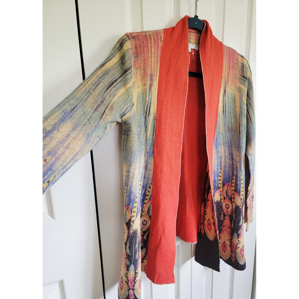 Alberto Makali Cardigan S Multicolor Feather Print Open‎ Front Wool Blend